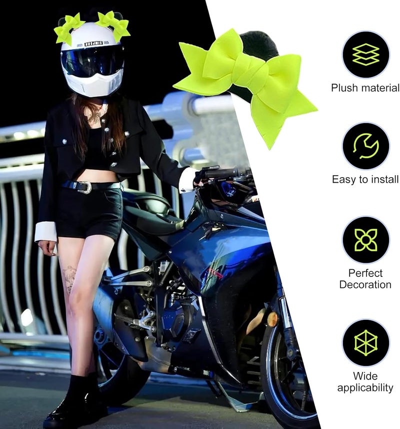 SLIMI 2 PCS Bow Helmet Decoration, Cute Plush Cat Ears Bow Helmet Decor, Self-Adhesive Motorcycle Helmet Accessories for Women (Green) - Image 3